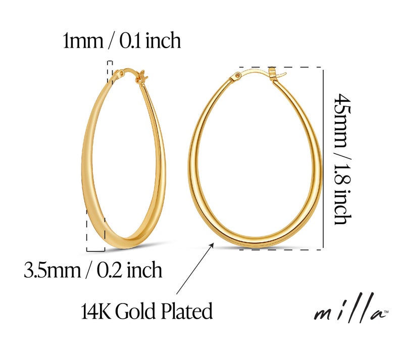 MILLA Oval Hoop Earrings - 14K Gold Plated, Rose Gold Plated and Sterling Silver Plated Hoop Earrings for Women - Hypoallergenic & Lightweight (14K Gold Plated / 45 mm / 1.8 inches) - Image 3
